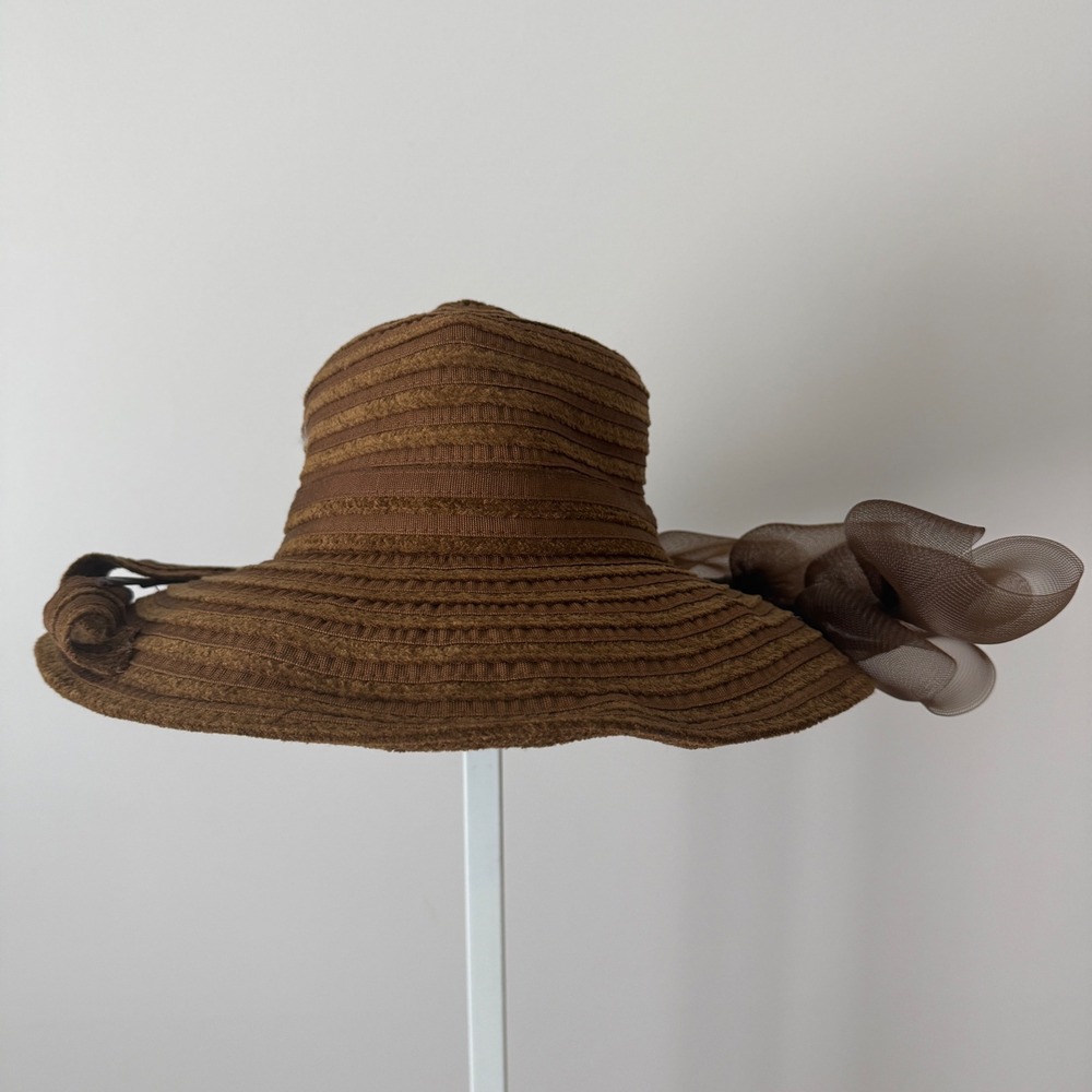 VTG Georgi Designer Old Money OS Brown Sun Hat Wide Brim Tulle Church Derby